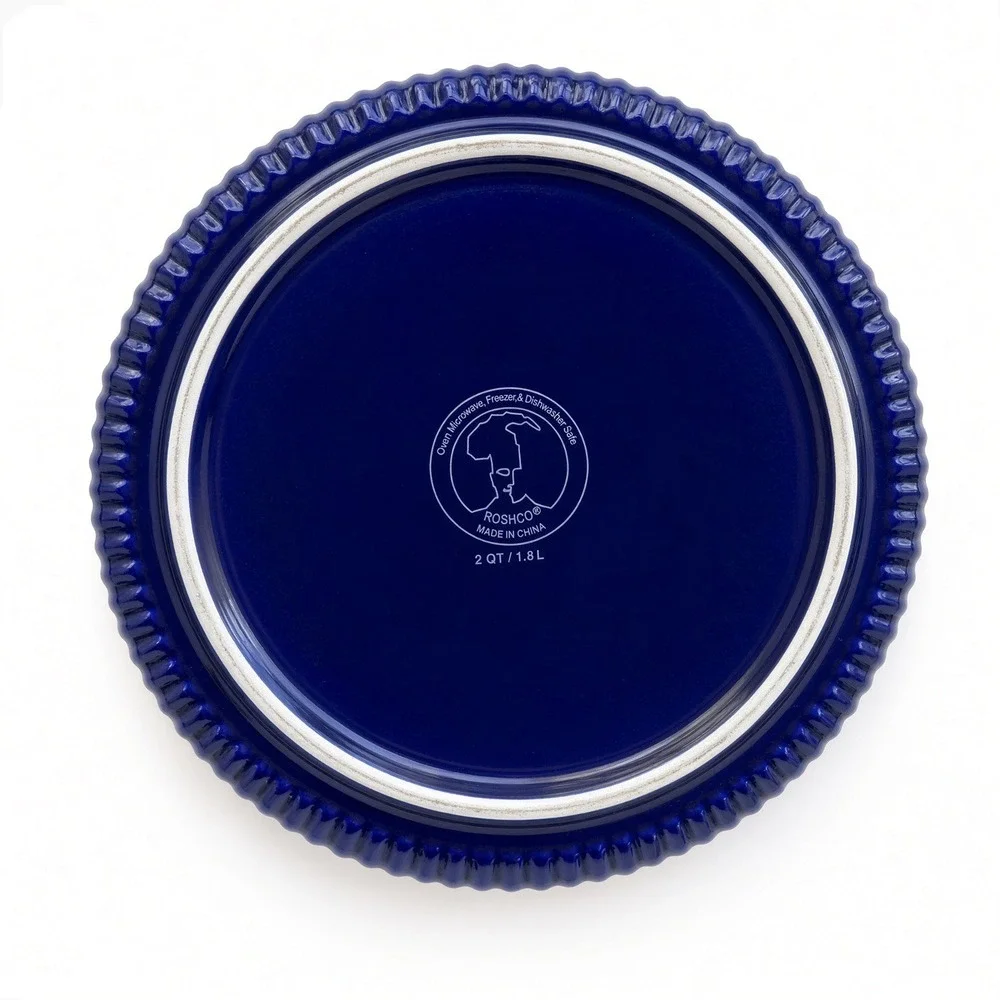 VTG Roshco Cobalt Blue Ribbed Ceramic Casserole Dish 2 Quart Hand Painted Baker